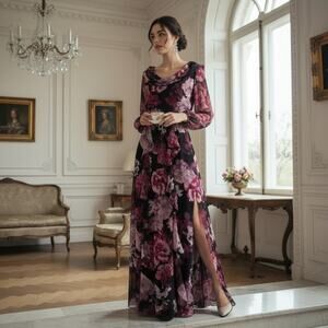 X by Xscape Size 8 Purple Floral Long Sleeve Maxi Gown w/ Front Slit – NWT